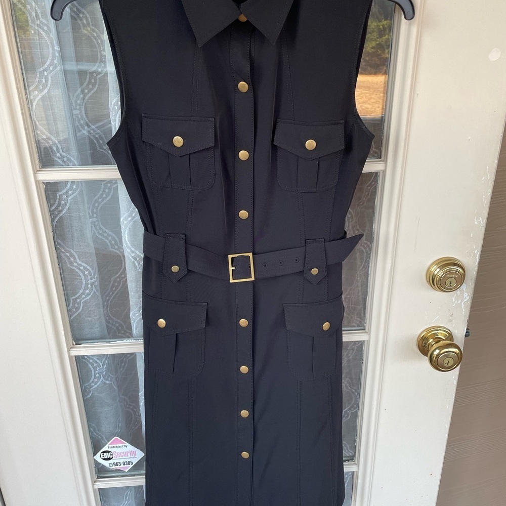 Calvin Klein Size 10 Black Belted Dress 🖤✨ Gold Hardware Chic shirtwaist